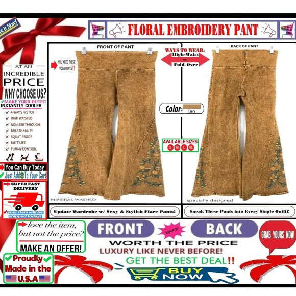 Unbranded Pants - 🛑 BOTTOM Fold Embroidery 🆒 FLORAL ➕ LEGGING PANT Waist FLARE Wash 💸 BUY NOW❗